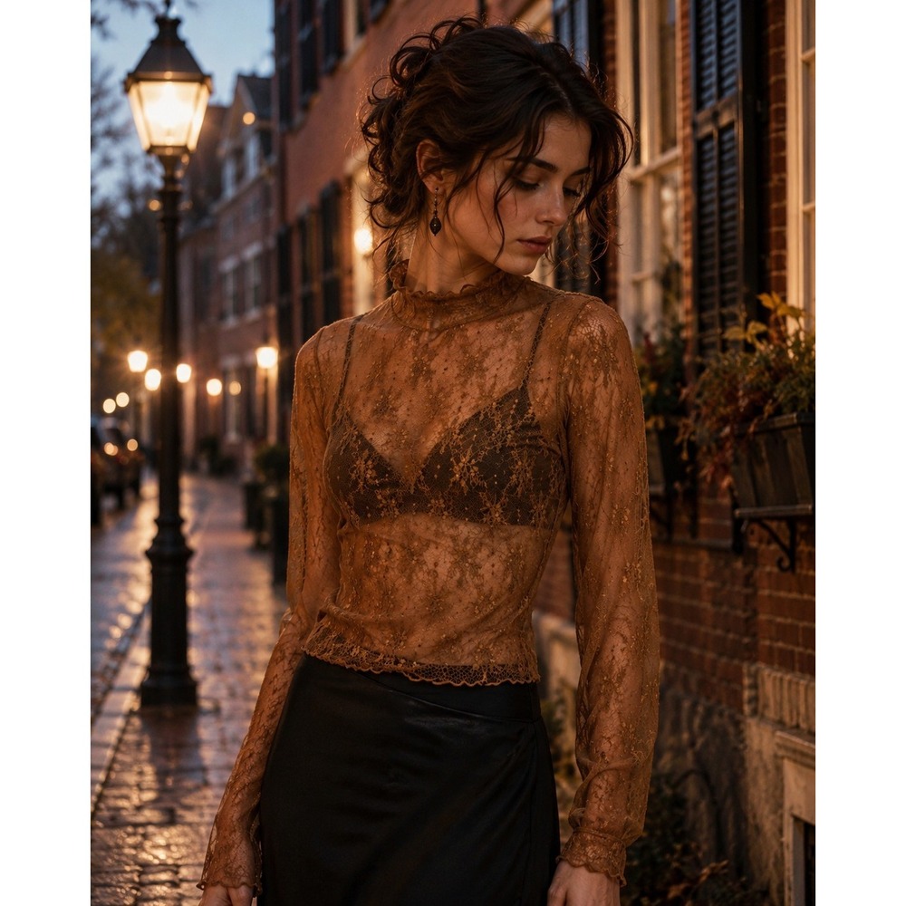 Hem & Thread Sheer Floral Lace Top Size L Brown Edwardian Y2K Ethereal